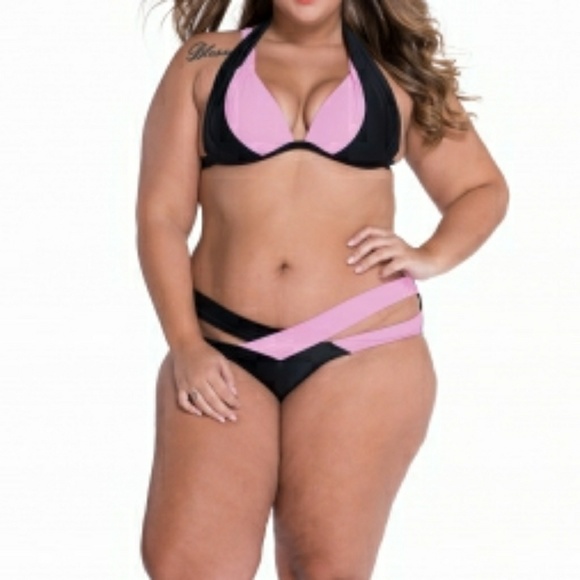 Black Pink Color Block Push up Swimwear - Picture 2 of 8